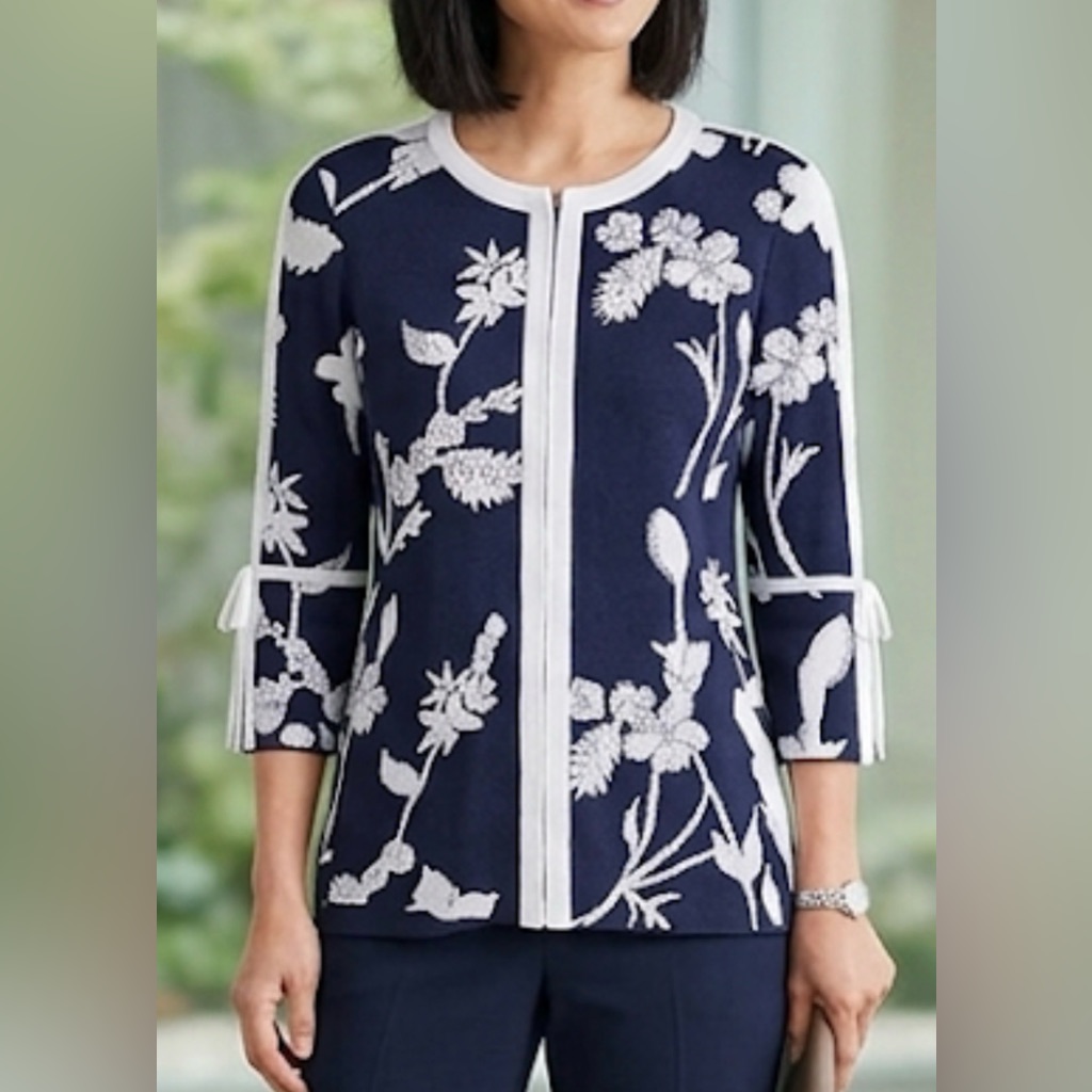 Misook Navy Blue White Floral Jacquard Open Front Cardigan 3/4 Tie Sleeve Xs